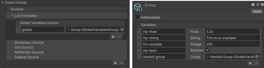 Two inspector panels, the one on the left shows a persistent source configured with a global variable reference to the above variables group asset, which is also shown on the right panel.